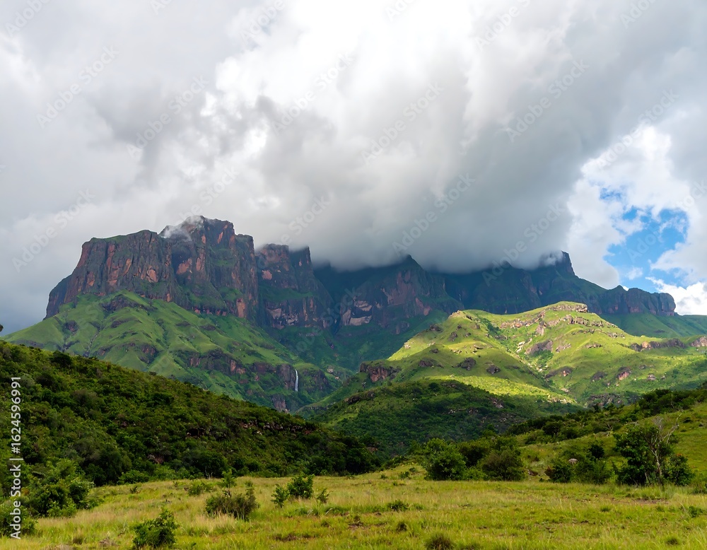 Fototapeta premium Verdant Escarpments under Ethereal Skies: A Majestic Landscape Unveiled Before the Viewer