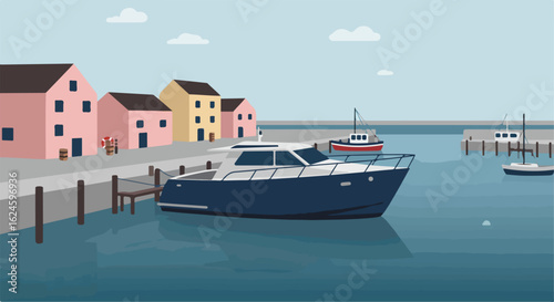 Yacht docks in a harbor with boats floating near seaside colorful houses