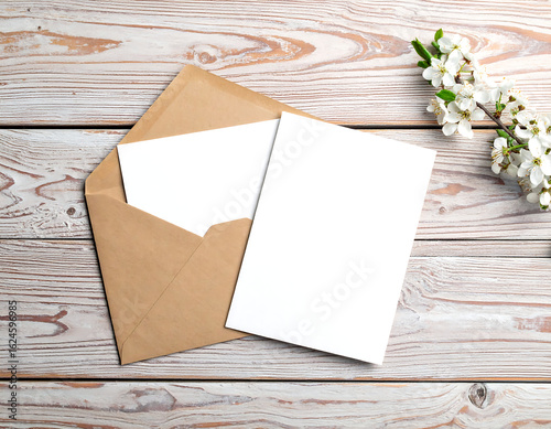 Blank stationery mockup: kraft envelope, white card, and spring blossoms on rustic wood.