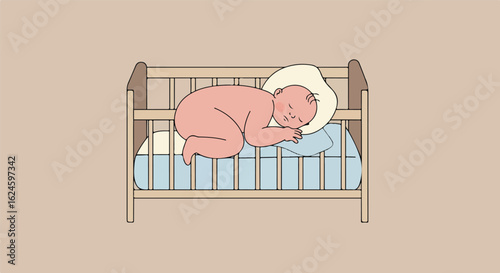 Infant sleeps in crib, resting on pillow with blue bedding; serene, gentle scene