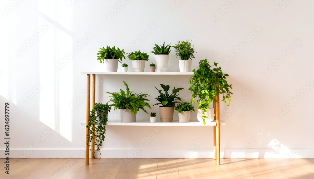 Naklejka premium Lush Houseplant Collection on a Minimalist Shelf Bathed in Morning Sunlight