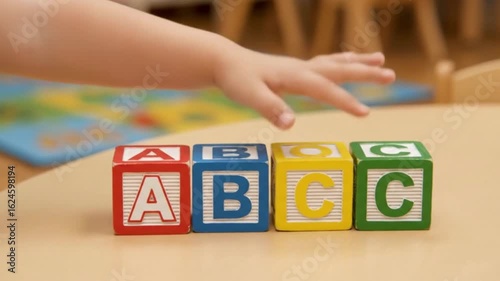 A childs hand places a finger on a yellow block labeled C among blocks spelling ABC resting on a tan surface