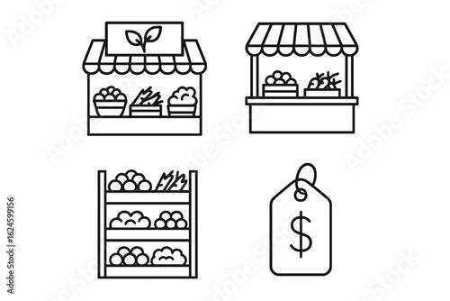 Line art of market stalls and price tag illustrating farmer's market scene