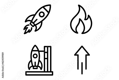 Simple line art of rocket, flame, launch pad, and upward arrow icons