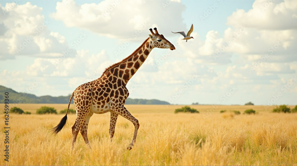 Fototapeta premium A captivating image of a giraffe gracefully resting in a golden savanna landscape.