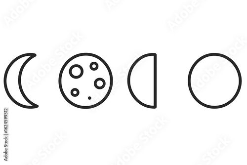 Moon phases: crescent, full moon, first quarter, new moon line icons