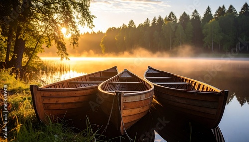 Serene Sunrise: Wooden Boats on a Misty Lake