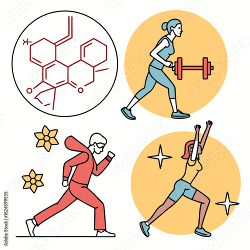 Healthy Lifestyle Icons: Illustrative representation of exercise and fitness intertwined with science. Showcasing the integration of health, fitness, and scientific concepts.