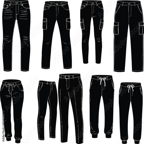 Isolated a Kinds of deferent pant design vector art silhouette with white background.