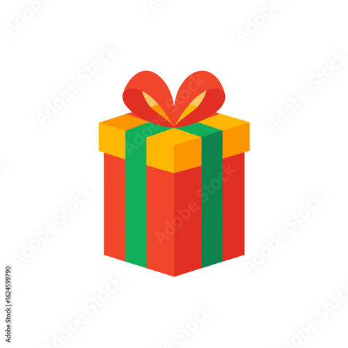 Stylized gift box with red ribbon and green stripes