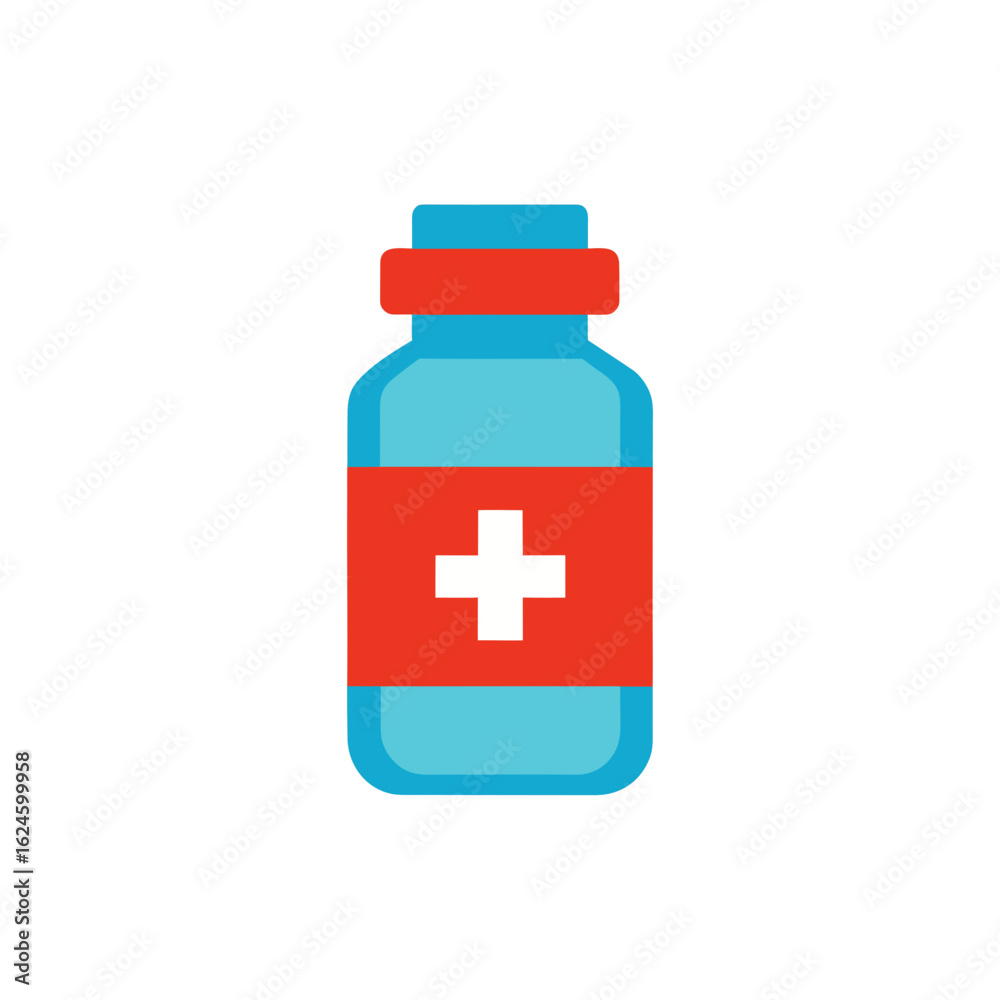 Simple flat icon of a blue medicine bottle with a red label and white cross Simple flat icon of a blue medicine bottle with a red label and white cross