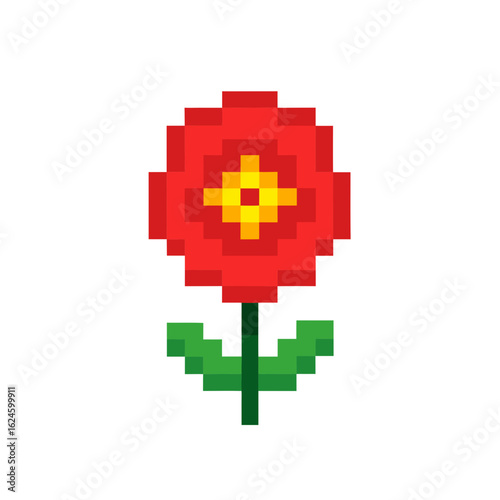 Pixel art red flower with yellow center and green stem