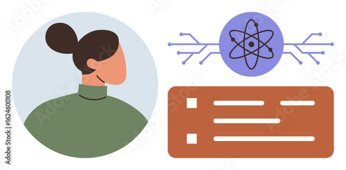 Female profile facing away, atomic model with circuitry, and organized checklist represent education, innovation, science, woman leadership, technology, data, and structure - simple flat metaphor