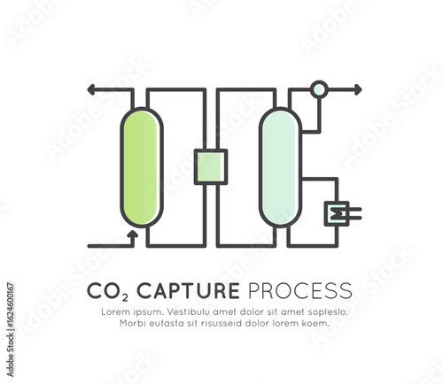 CO₂ capture process diagram with carbon dioxide emissions, air filtering, direct air capture technology, carbon removal, sustainable energy systems, climate solution, eco innovation, green tech