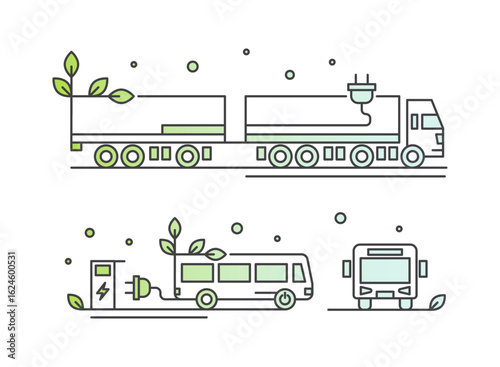 Minimal line art icons of electric bus truck, charging stations, green mobility infrastructure, sustainable public transport, eco transit, smart city transit, clean energy vehicles, zero emissions