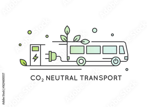 Minimal line art icons of electric bus truck, charging stations, green mobility infrastructure, sustainable public transport, eco transit, smart city transit, clean energy vehicles, zero emissions