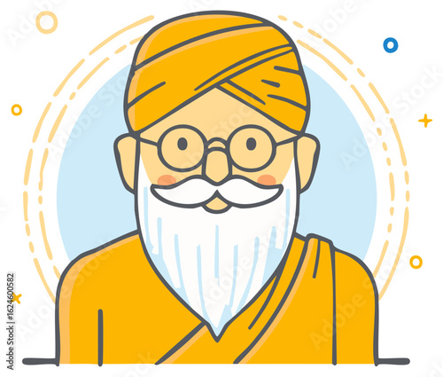 Elderly man with white beard and turban and glasses cartoon illustration
