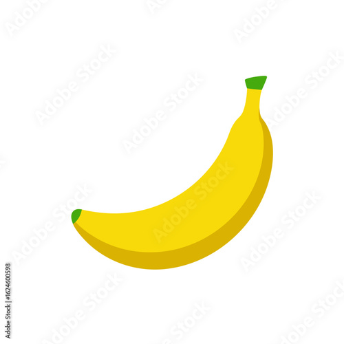 A single ripe yellow banana with green stem and tip on black background