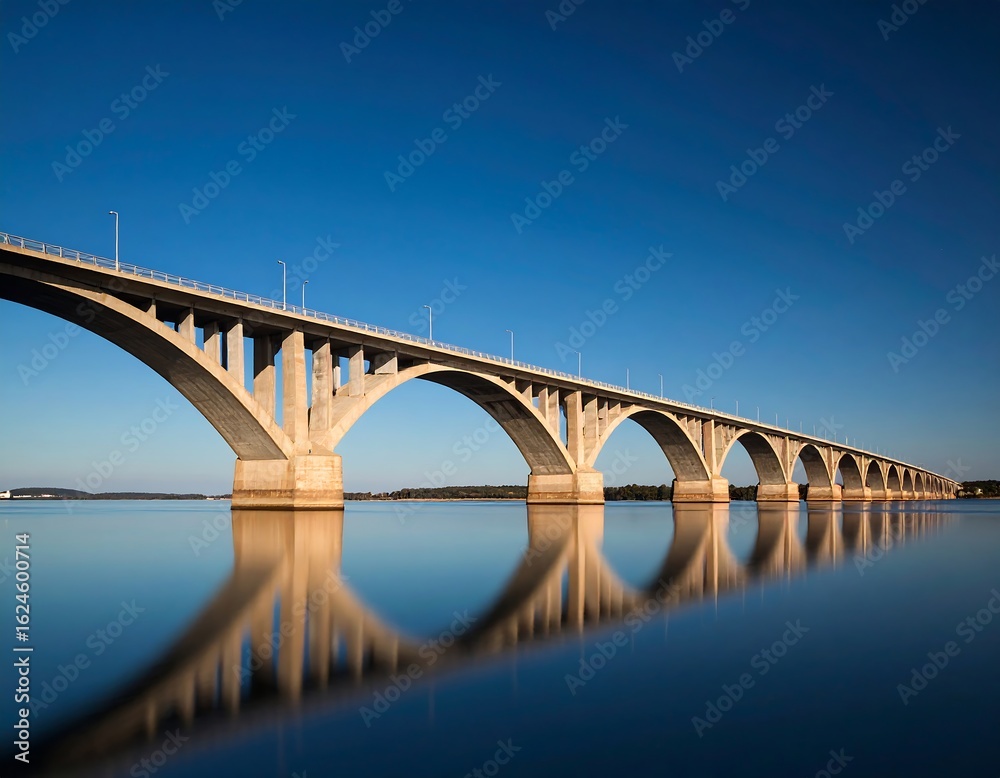 Fototapeta premium Stunning view of the Confederation Bridge against a blue sky with water reflection