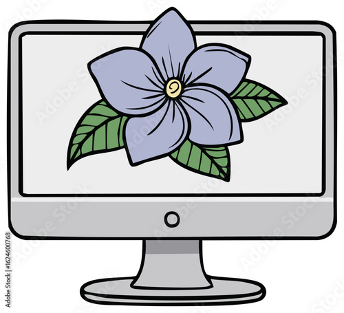 Desktop computer screen displaying a purple flower with green leaves, digital art, monitor technology