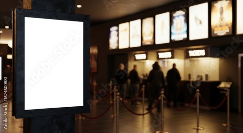 Blank white advertising screen in a cinema lobby with people in the background, ready for movie showtimes and promotions