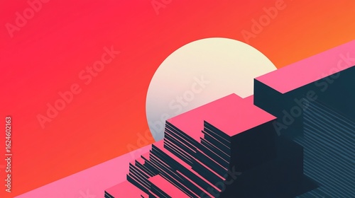 Retro Sunsetscape: Geometric Structures Amidst a Gradient Sky Panorama