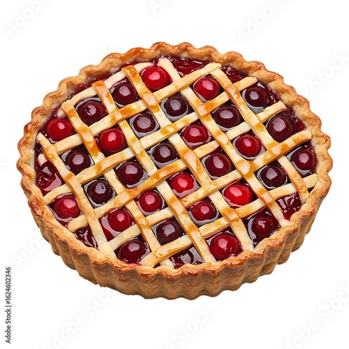 Homemade cherry pie with lattice crust on transparent background