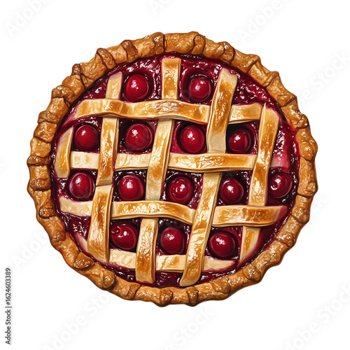 Homemade cherry pie with lattice crust on transparent background