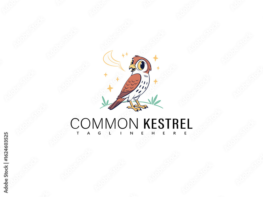 Obraz premium Whimsical cartoon Common Kestrel perched on a natural branch with cartoon clouds and floating feathers, great for dreamy wildlife prints, children’s art kits, and bird-themed vector branding content. 