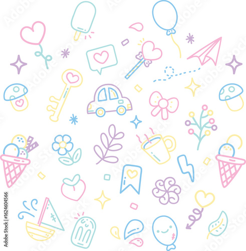 Playful pastel doodles featuring whimsical icons including hearts, balloons, cars, ice cream, and other cute elements