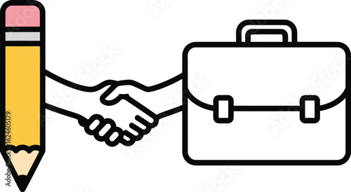 Pencil and briefcase shaking hands agreement
