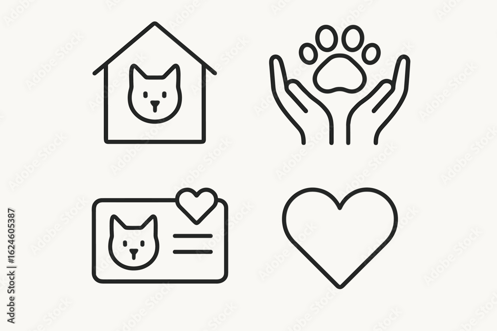 Obraz premium Pet care icons: cat, shelter, paw, love, id badge, heart symbols