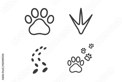 Simple animal tracks set: paw prints, bird footprints, hoof marks