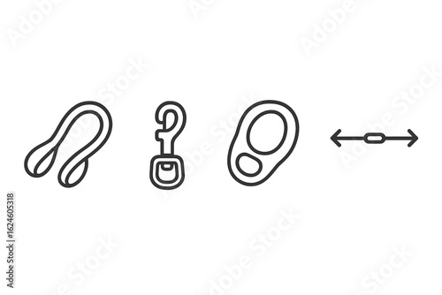 Minimalist climbing equipment icons: rope, hook, carabiner, spacer