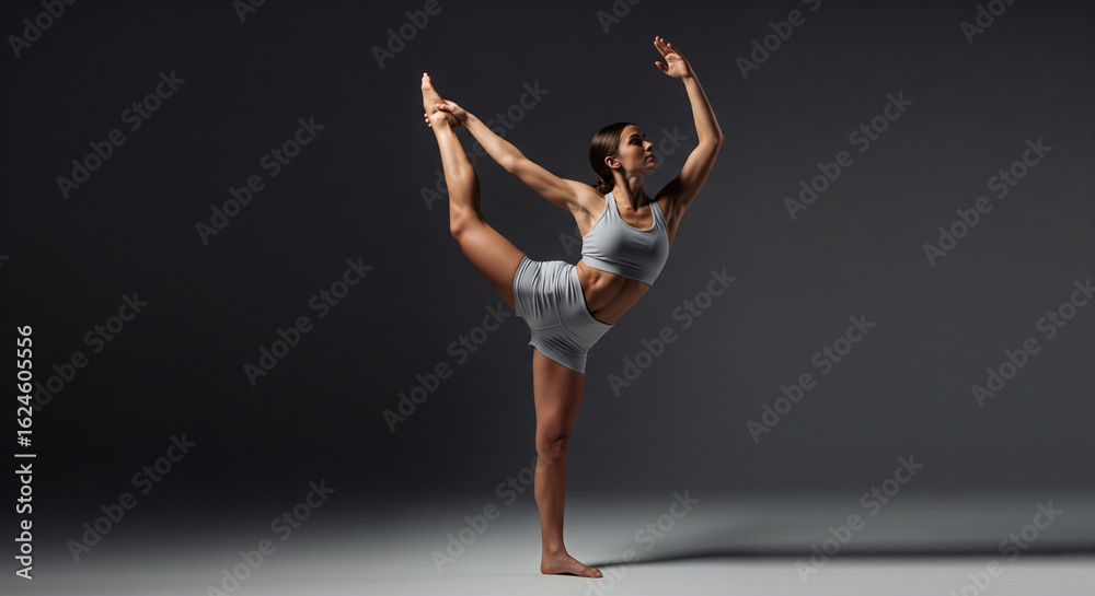 Naklejka premium One Fit Woman Doing a Random Yoga Pose in Studio with Solid Background – Wearing Shorts and Sports Bra, Wellness and Fitness Theme