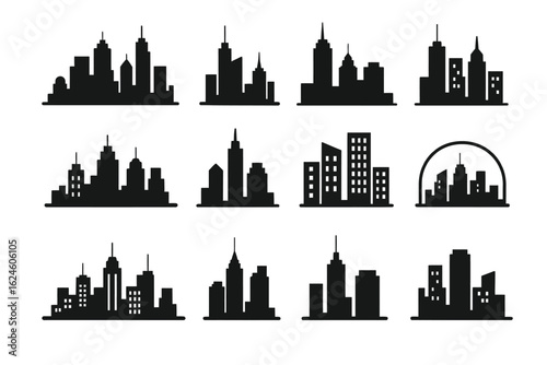 City Skyline – 12/16 Solid Black Silhouette Vector EPS Set Collection
