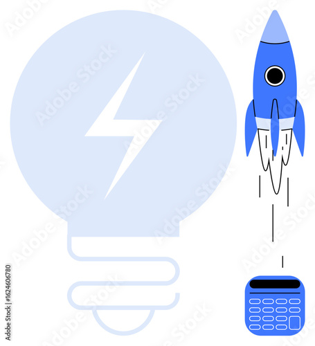 Blue rocket launching upward from calculator beside a lightbulb with a lightning bolt. Ideal for innovation, startup growth, technology, creativity, problem-solving, entrepreneurship, business