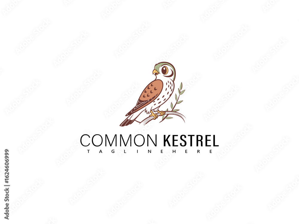 Obraz premium Cute cartoon Common Kestrel perched on a branch with joyful colors and expressive character features, designed for wildlife-themed children’s books, creative bird-themed branding, and nature-inspired 