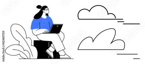 Young woman sitting with a laptop, interacting with technology amidst minimalistic cloud and leaf designs. Ideal for productivity, remote work, nature, creativity, technology, mindfulness, simple