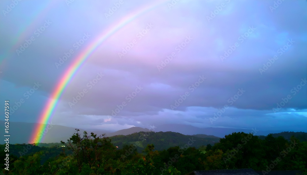 Naklejka premium Vibrant Double Rainbow Arches Across a Moody, Lavender-Hued Sky Over Lush Mountains