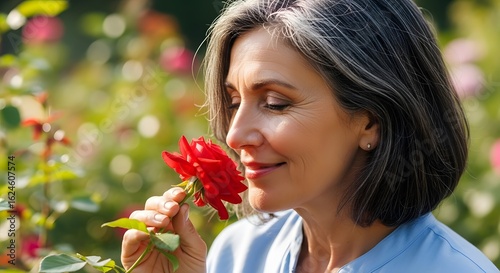 Elderly Woman Smelling Red Rose in Garden Bright Natural Light Calm Atmosphere