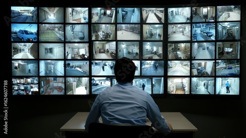 Security professional monitoring multiple surveillance camera feeds across various locations in a control room for safety and security purposes