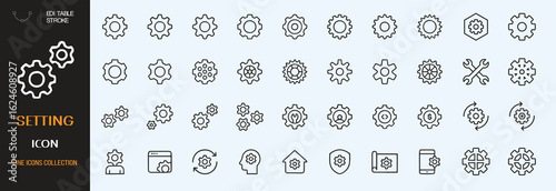 Settings icon set. Containing options, configuration, preferences, adjustments, gear, control panel, equalizer, management, optimization and more icons. Vector illustration. editable stroke