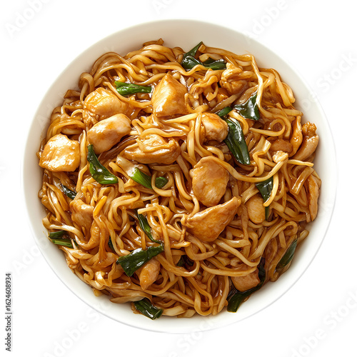 Delicious Chicken and Vegetable Noodles in a Bowl isolated on transparent background