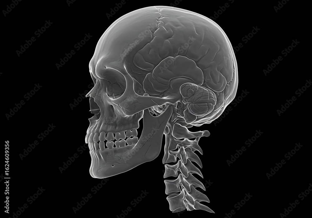 Obraz premium Transparent skull and neck bones are visible in a side view, showcasing internal brain structure against a black background.