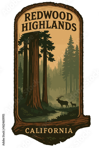 The vintage travel poster captures the beauty of Redwood Highlands with towering trees and wildlife. Vintage vector emblem badge patch, retro design, transparent background