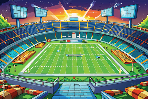 A vibrant red and black roulette wheel spins inside a bustling casino in a sprawling city, a game of risk and gambling