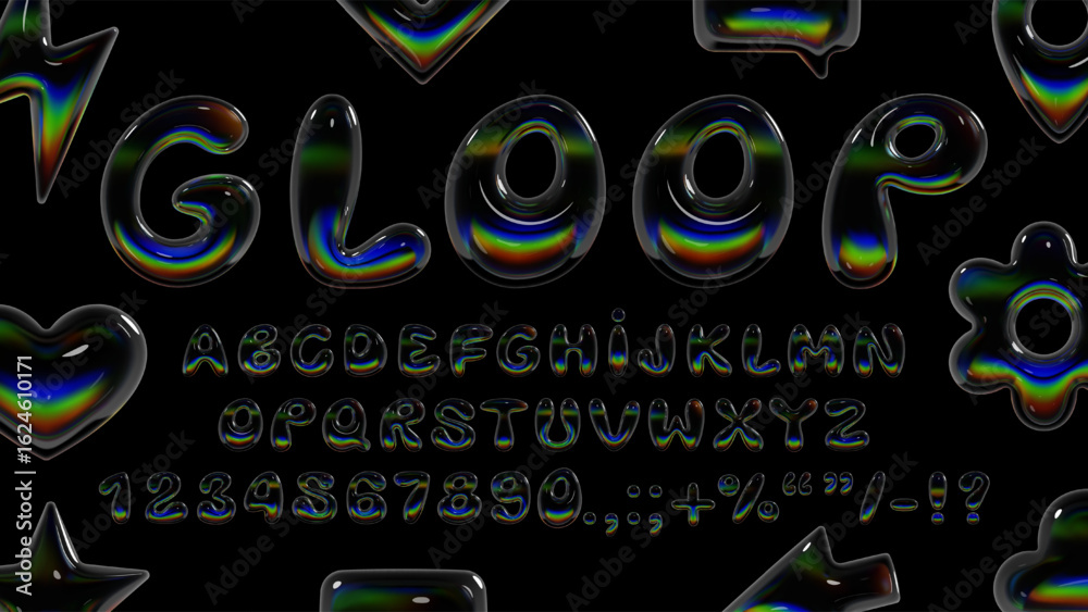 Obraz premium 3D bubble font with full alphabet, numbers and symbols, designed with glossy iridescent texture, inflated liquid forms and futuristic Y2K look