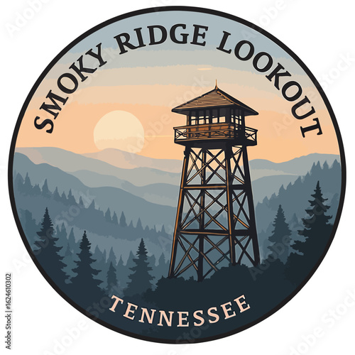 Smoky Ridge Lookout in Tennessee is beautifully depicted in this graphic design. Vintage vector emblem badge patch, retro design, transparent background