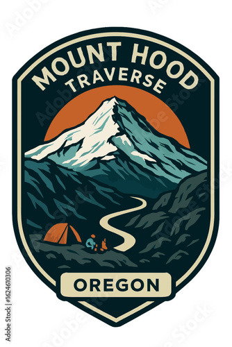 A retro illustration depicts a Mount Hood traverse scene with a camping site at dusk. Vintage vector emblem badge patch, retro design, transparent background
